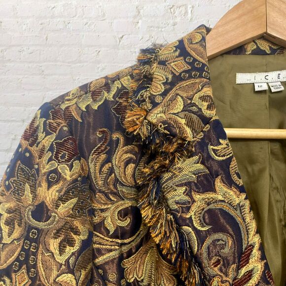 ICE Tapestry Brocade Jacket Size 12 Fringe Gold Navy Baroque Jeweled Buttons - Picture 4 of 16
